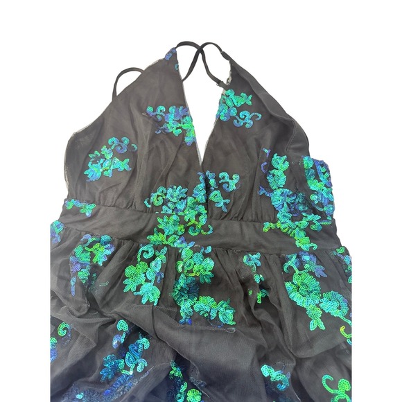 Love & Lemonade Maxi Gown Womens Black Green Sequin Double Slit Hollywood Glam - Picture 13 of 16